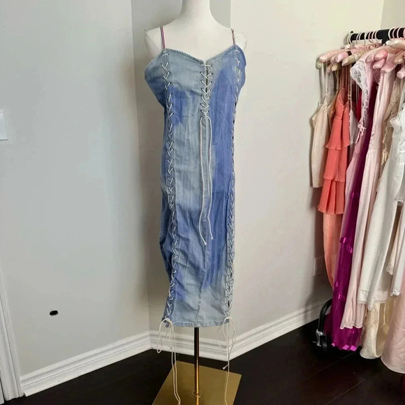 Y2K Denim 90s Lace-Up Dress ombré wash L/XL western coastal cowgirl - Picture 3 of 8